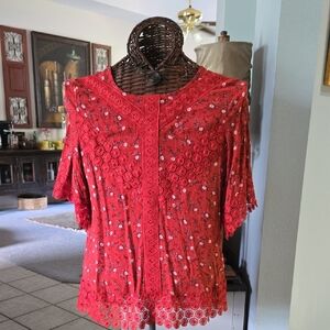 Red and White Flutter Sleeve Blouse with Peter Pan Collar